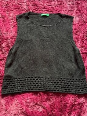 Vintage Of Benetton Black Sleeveless Knit Tank with Crochet Hem